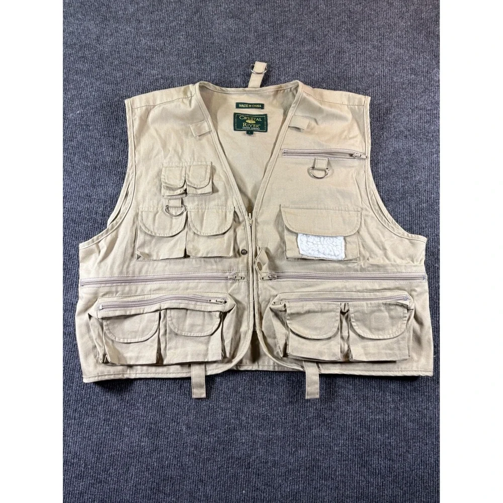 Crystal River Mens‎ Large Tan Khaki Multi Pocket Fishing Utility Vest Fly Patch